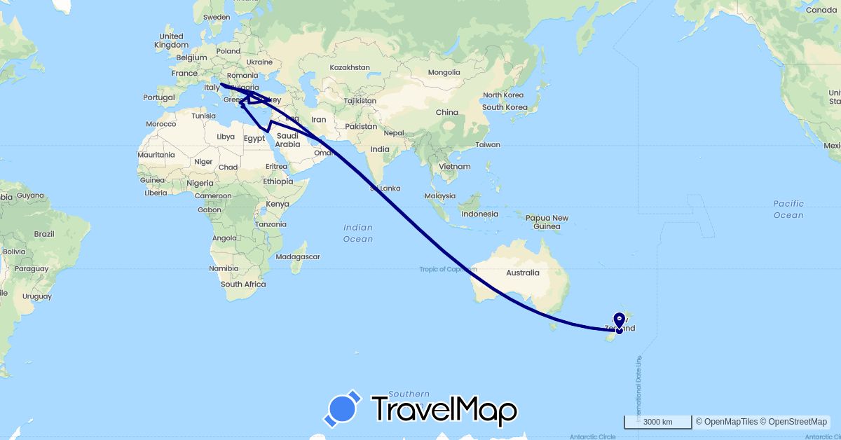 TravelMap itinerary: driving in United Arab Emirates, Egypt, Greece, Croatia, Jordan, New Zealand, Turkey (Africa, Asia, Europe, Oceania)